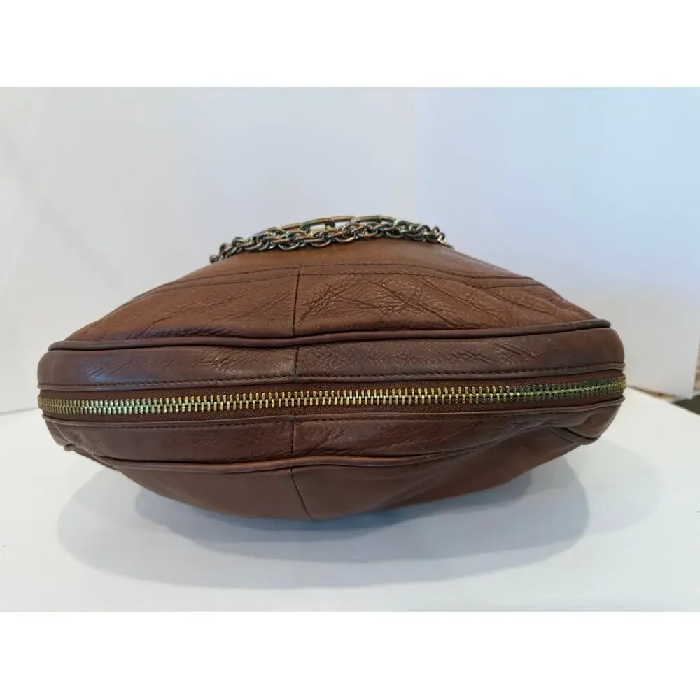 Halogen Brown Leather Medium Chain Accent Expanding Crossbody Purse‎ Bag